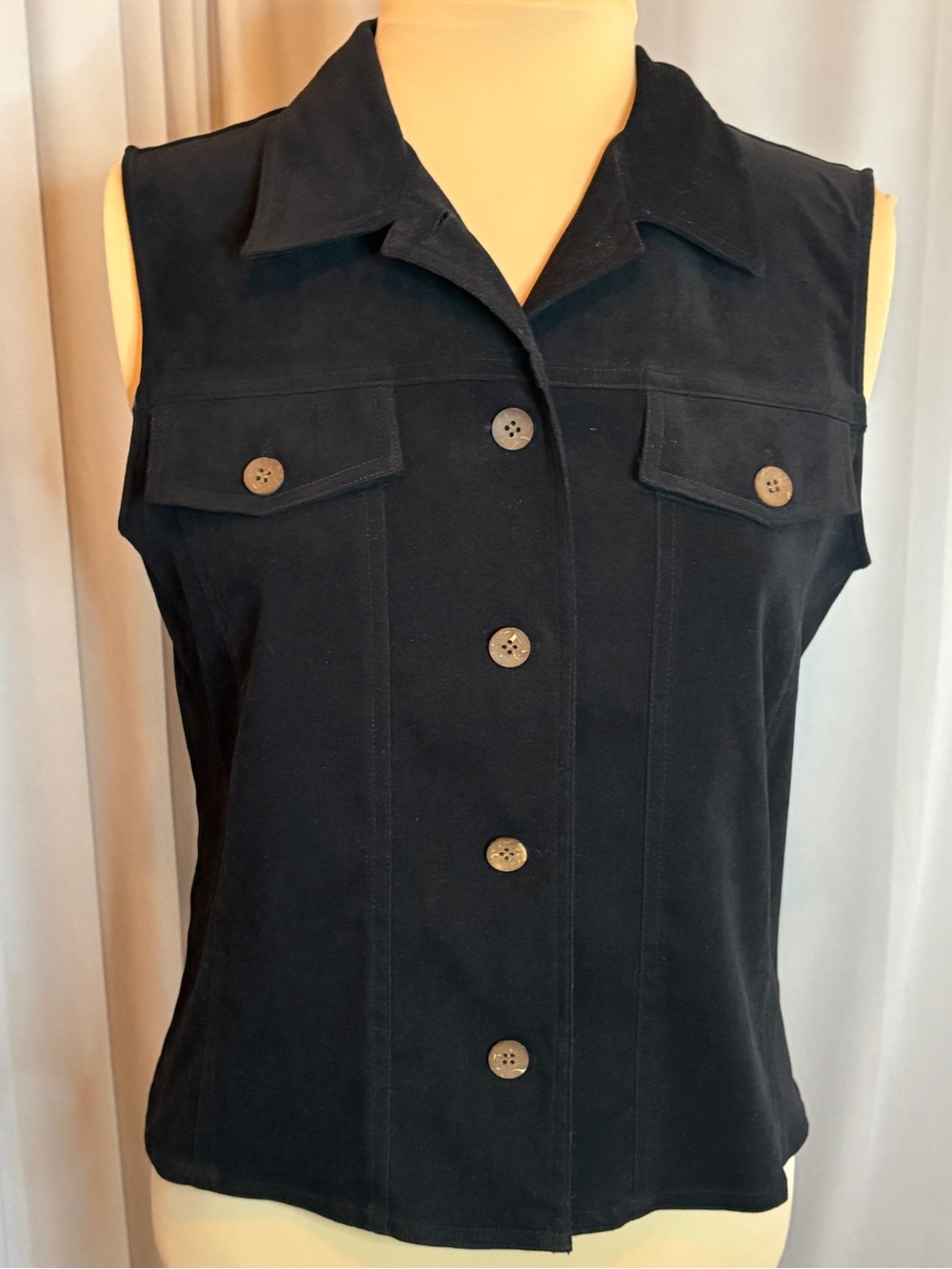 Coldwater Creek Black Faux Suede Button up Vest with Collar